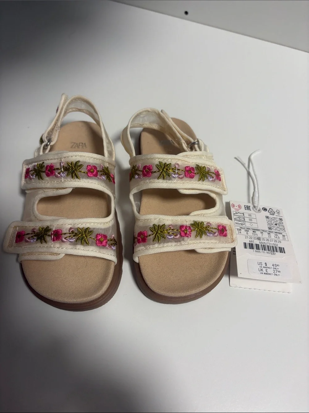 New Zara Cream Sandals with Pink & Green Floral Embroidery - Kids